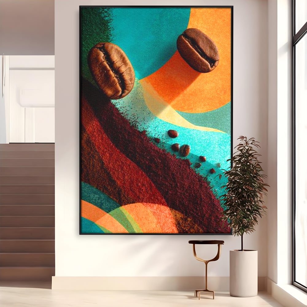 Tablou canvas cu tablou abstract cu boabe de cafea, in rama de aluminiu negru