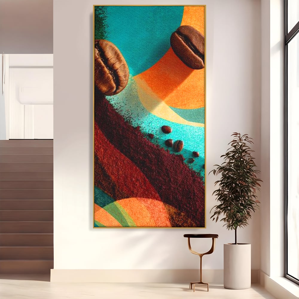 Tablou canvas cu tablou abstract cu boabe de cafea, in rama de aluminiu auriu