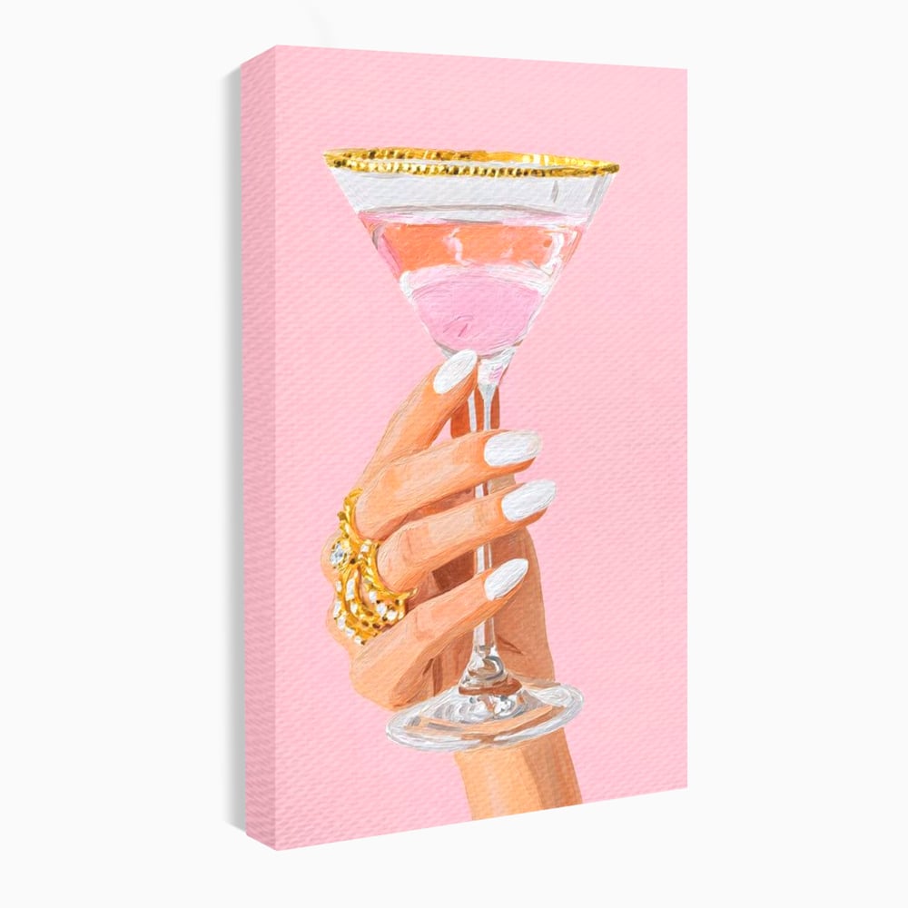 Tablou canvas cu ilustratie cu mana care tine pahar de cocktail, fara rama, pe sasiu de lemn