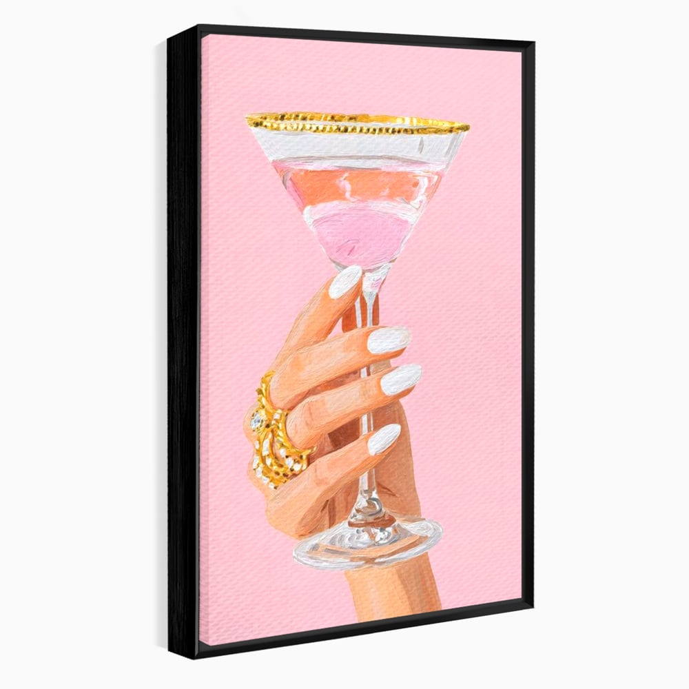 Tablou canvas cu ilustratie cu mana care tine pahar de cocktail, in rama de aluminiu negru