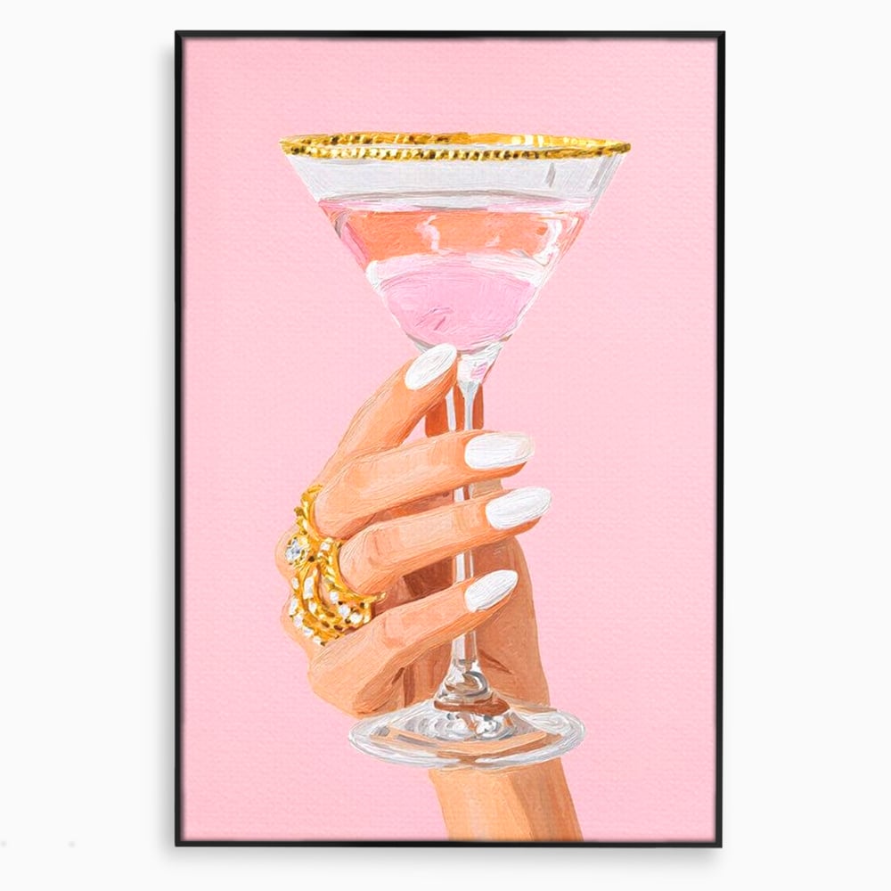 Tablou canvas cu ilustratie cu mana care tine pahar de cocktail, in rama de aluminiu negru