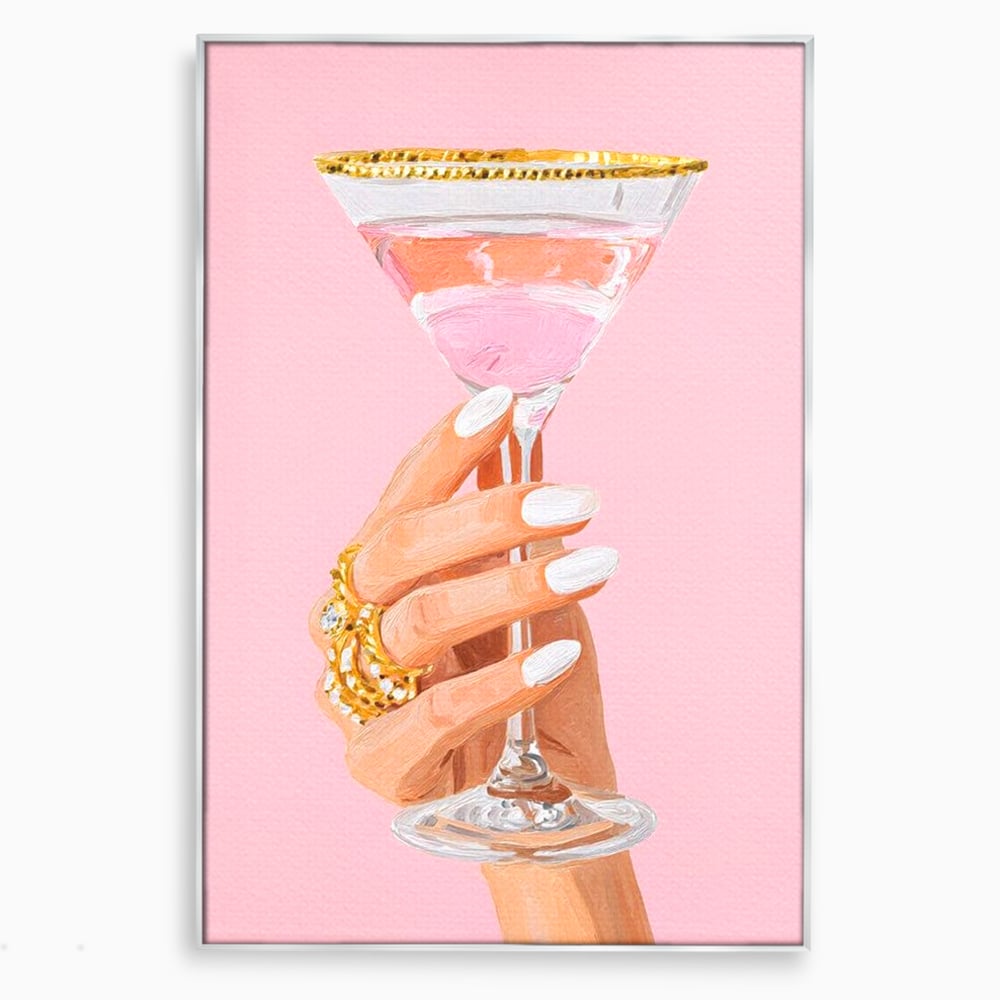 Tablou canvas cu ilustratie cu mana care tine pahar de cocktail, in rama de aluminiu argintiu
