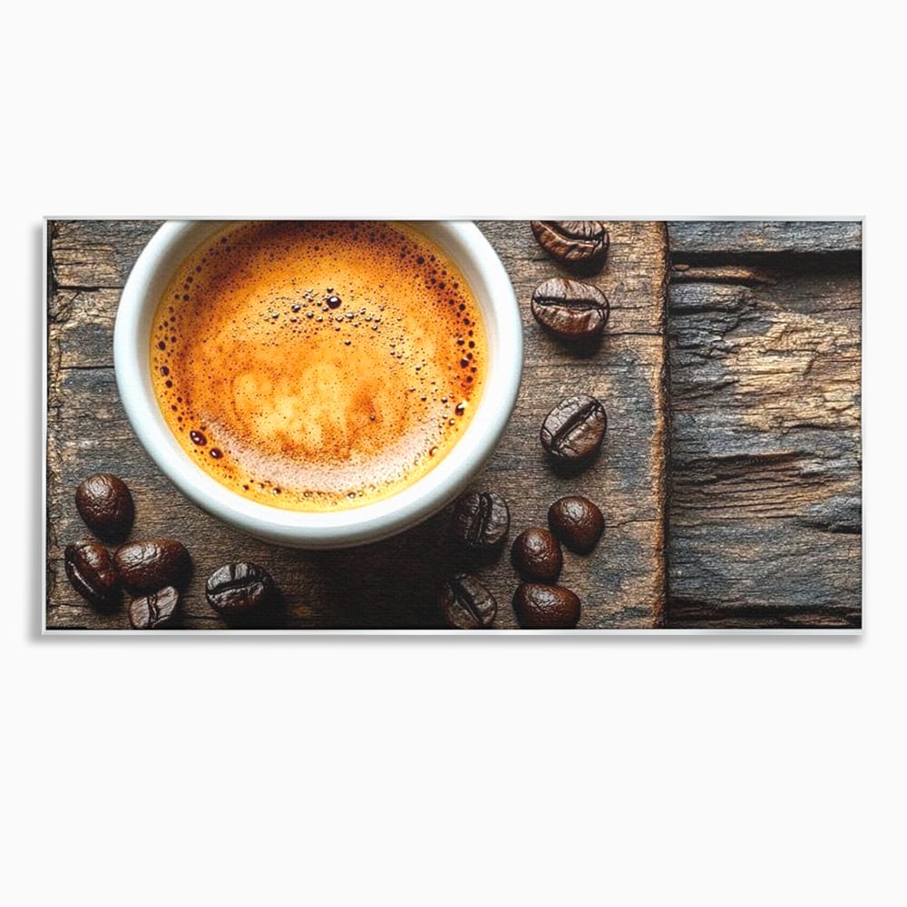 Tablou canvas cu ceasca de espresso si boabe de cafea, in rama de aluminiu argintiu