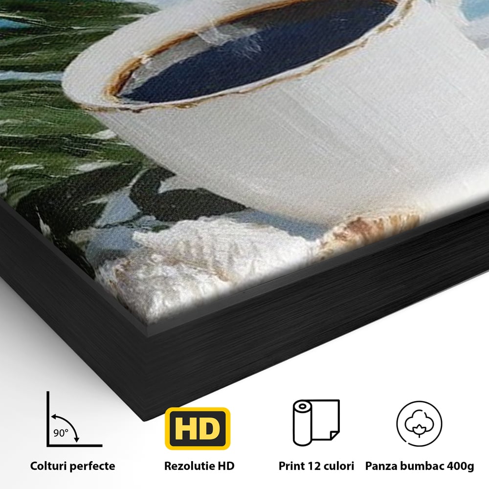 Detaliu al suprafetei: tablou canvas cu ceasca de cafea pe plaja, in rama de aluminiu negru