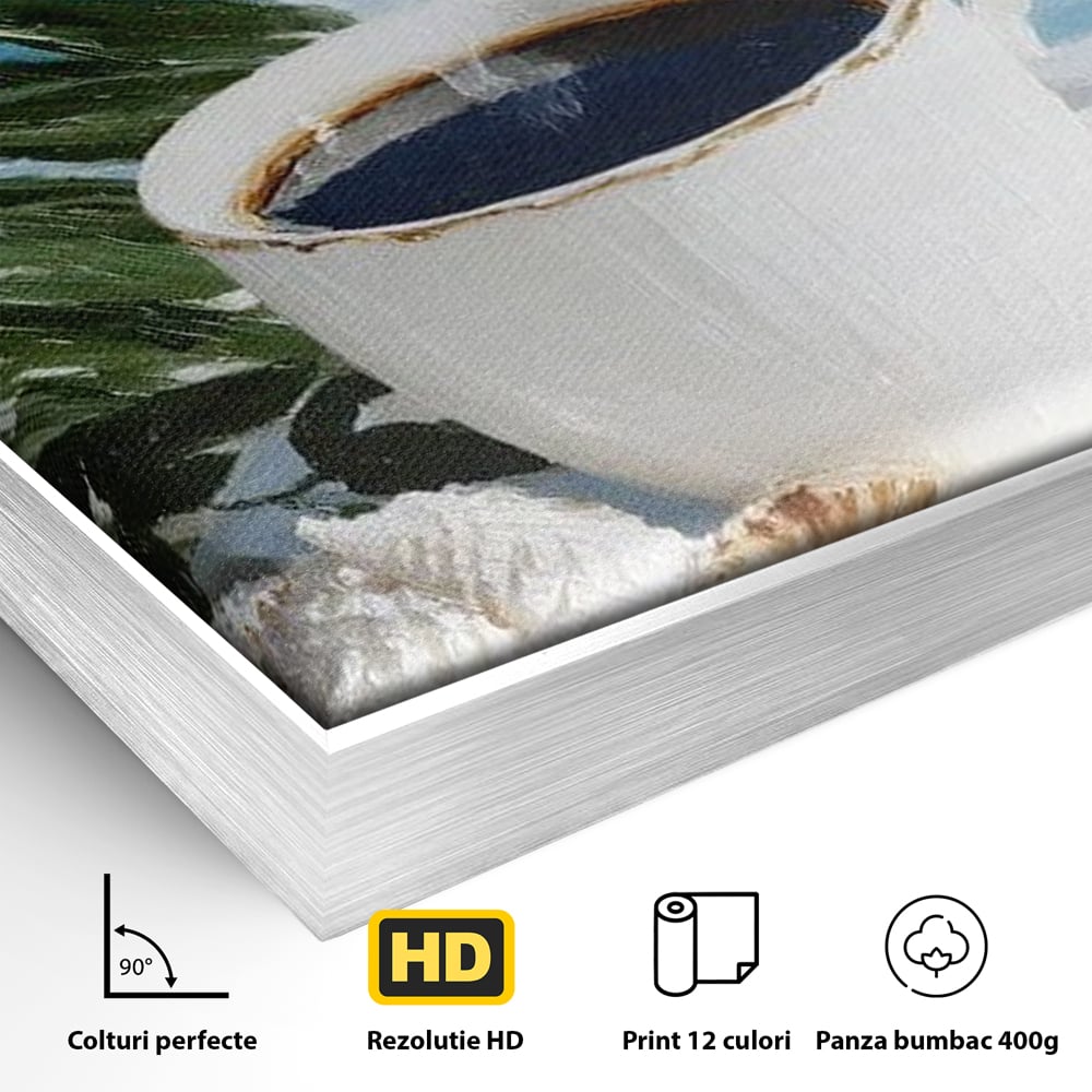 Detaliu al suprafetei: tablou canvas cu ceasca de cafea pe plaja, in rama de aluminiu argintiu