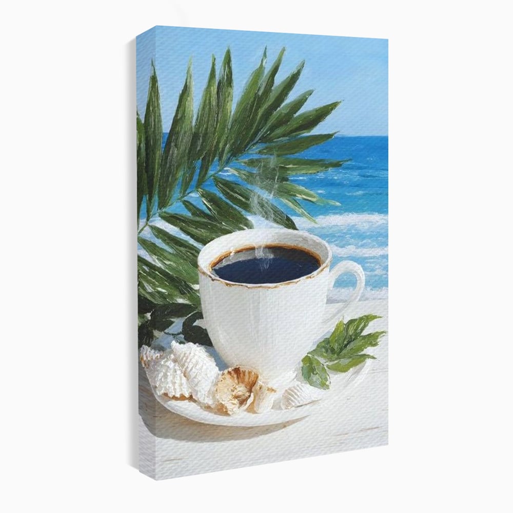 Tablou canvas cu tablou canvas cu ceasca de cafea pe plaja, fara rama, pe sasiu de lemn
