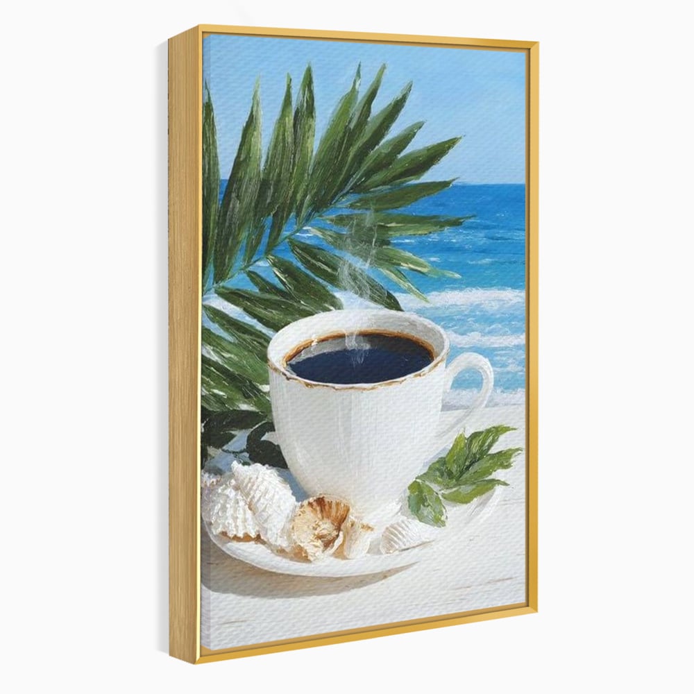 Tablou canvas cu tablou canvas cu ceasca de cafea pe plaja, in rama de aluminiu auriu