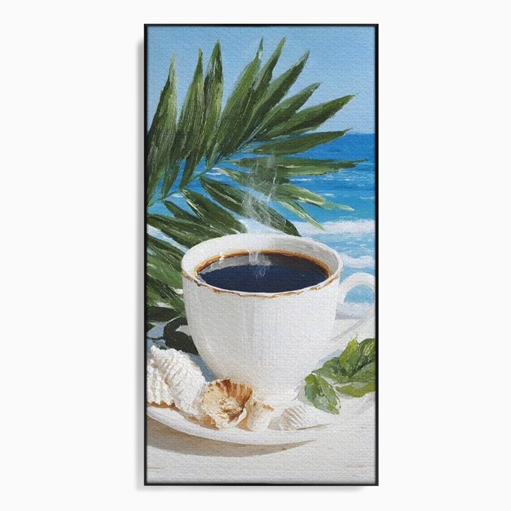 Tablou canvas cu tablou canvas cu ceasca de cafea pe plaja, in rama de aluminiu negru