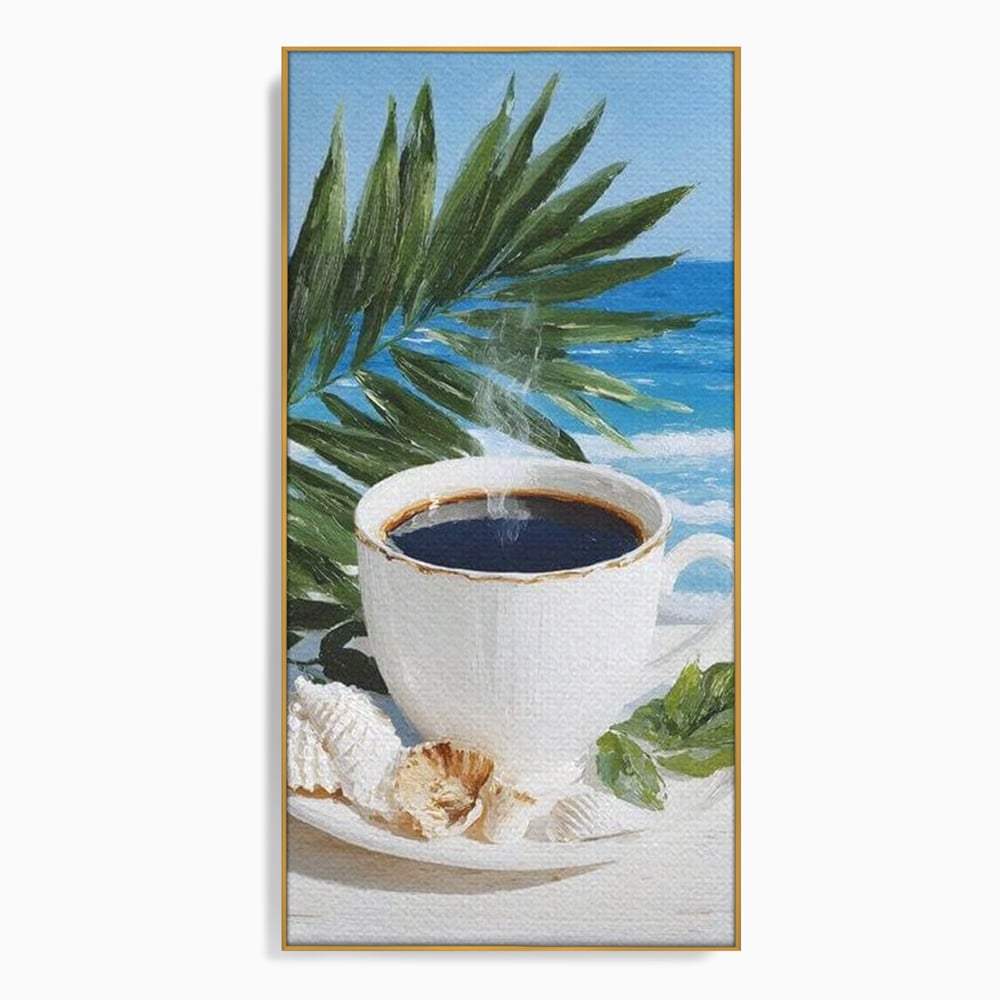 Tablou canvas cu tablou canvas cu ceasca de cafea pe plaja, in rama de aluminiu auriu