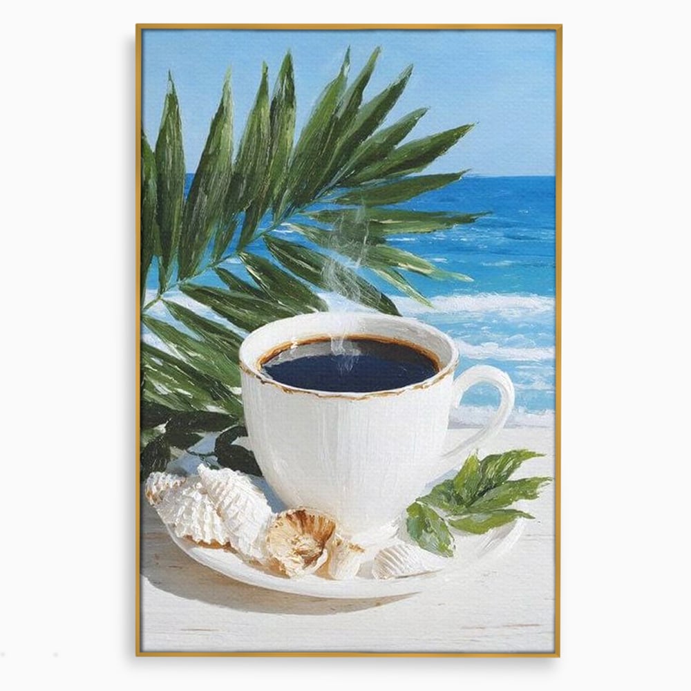 Tablou canvas cu tablou canvas cu ceasca de cafea pe plaja, in rama de aluminiu auriu