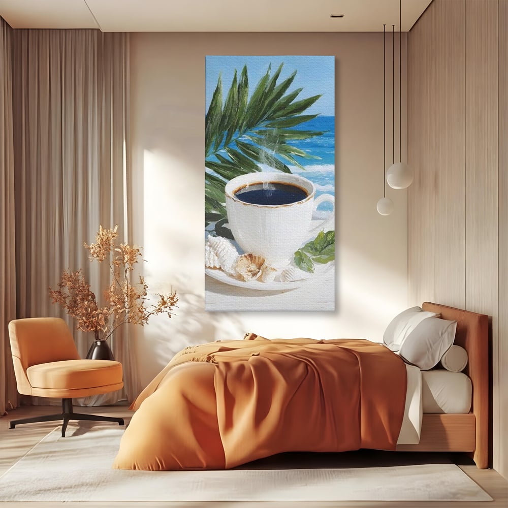Tablou canvas cu tablou canvas cu ceasca de cafea pe plaja, fara rama, pe sasiu de lemn, pe perete intr-un dormitor