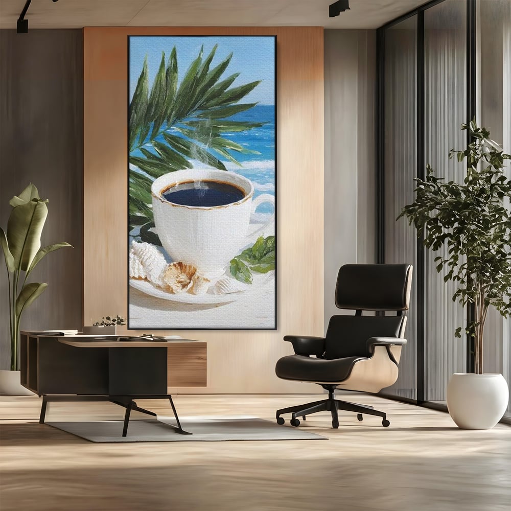 Tablou canvas cu tablou canvas cu ceasca de cafea pe plaja, in rama de aluminiu negru, pe perete intr-un birou
