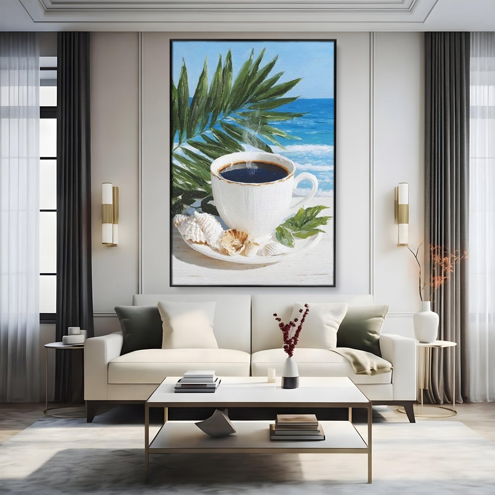 Tablou canvas cu tablou canvas cu ceasca de cafea pe plaja, in rama de aluminiu negru, pe perete intr-un living