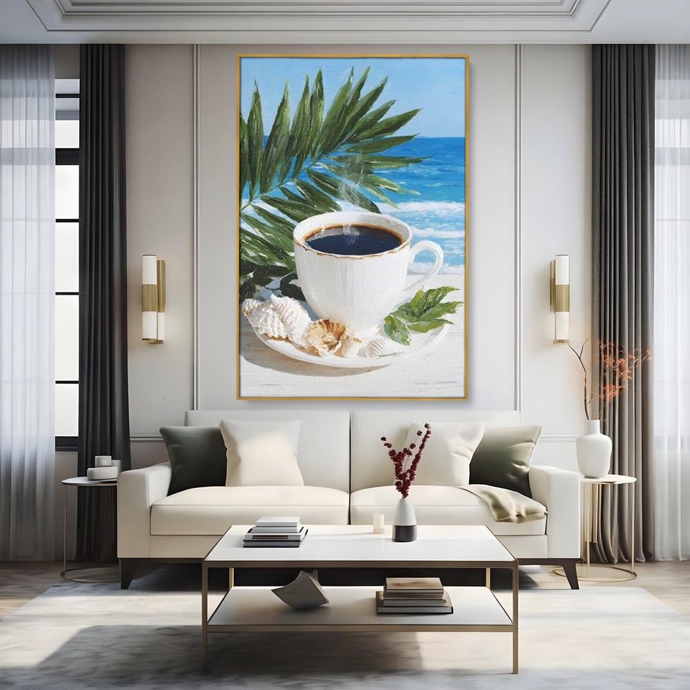 Tablou canvas cu tablou canvas cu ceasca de cafea pe plaja, in rama de aluminiu auriu, pe perete intr-un living