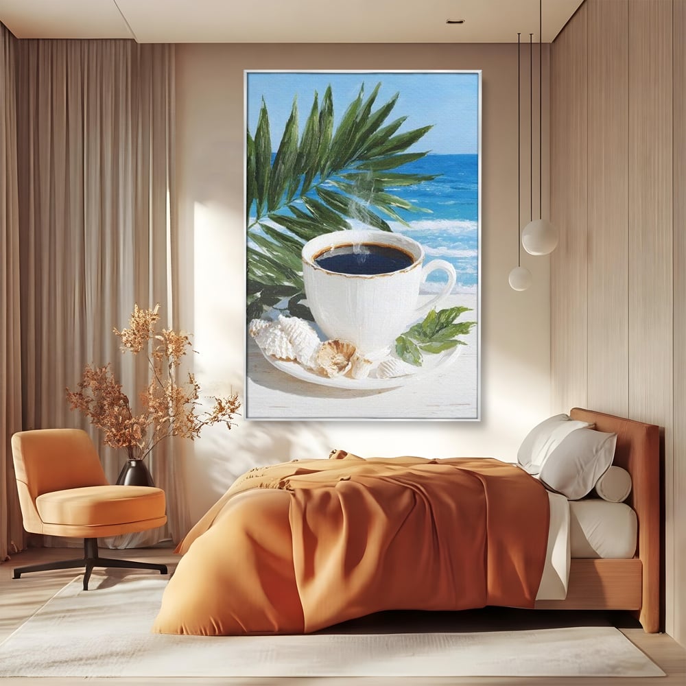 Tablou canvas cu tablou canvas cu ceasca de cafea pe plaja, in rama de aluminiu argintiu, pe perete intr-un dormitor