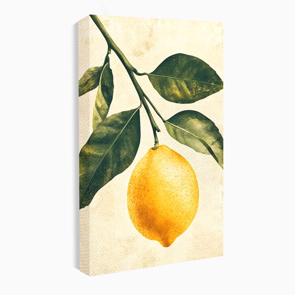 Tablou canvas cu ilustratie botanica cu lamaie si frunze, fara rama, pe sasiu de lemn