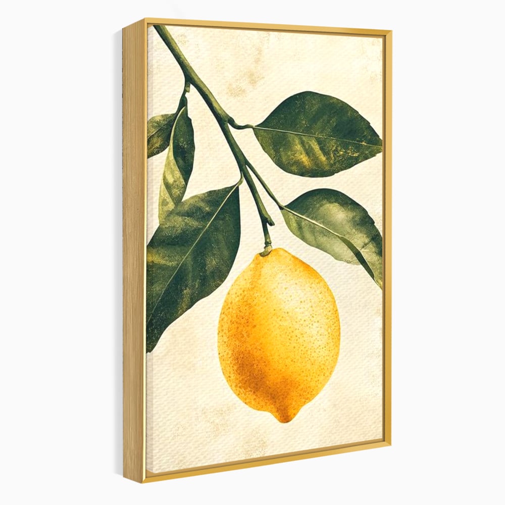 Tablou canvas cu ilustratie botanica cu lamaie si frunze, in rama de aluminiu auriu