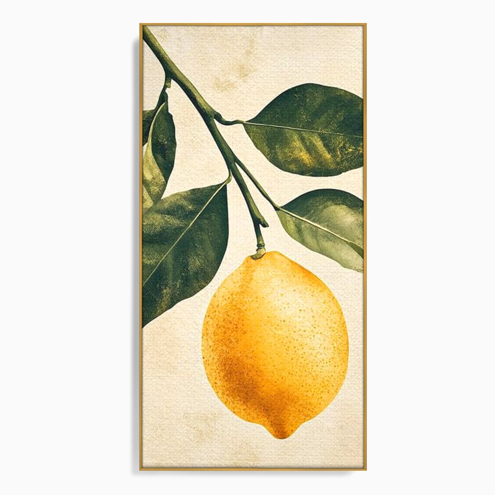 Tablou canvas cu ilustratie botanica cu lamaie si frunze, in rama de aluminiu auriu