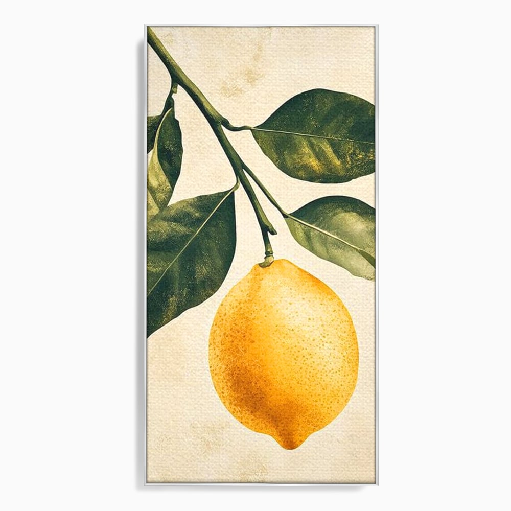 Tablou canvas cu ilustratie botanica cu lamaie si frunze, in rama de aluminiu argintiu