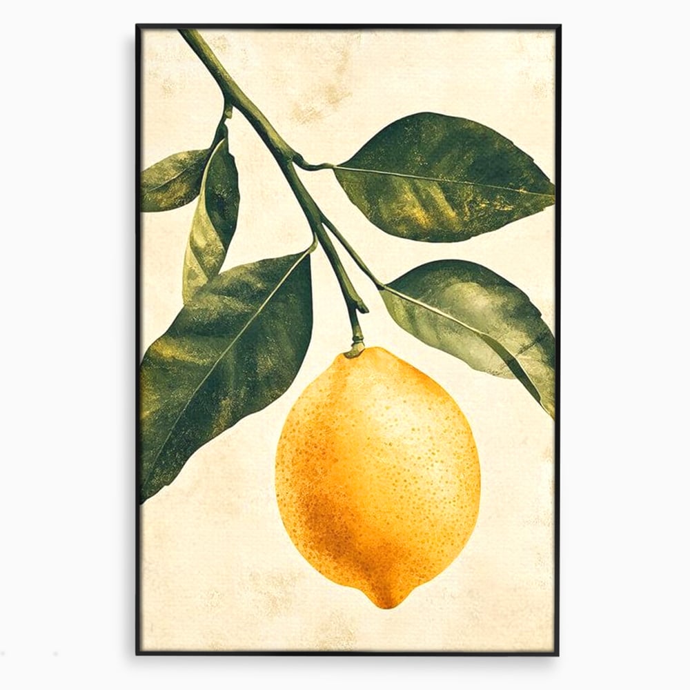 Tablou canvas cu ilustratie botanica cu lamaie si frunze, in rama de aluminiu negru