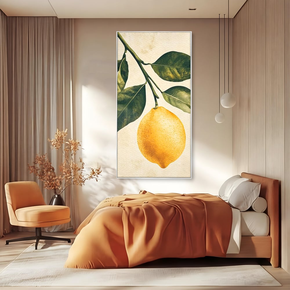 Tablou canvas cu ilustratie botanica cu lamaie si frunze, in rama de aluminiu argintiu, pe perete intr-un dormitor