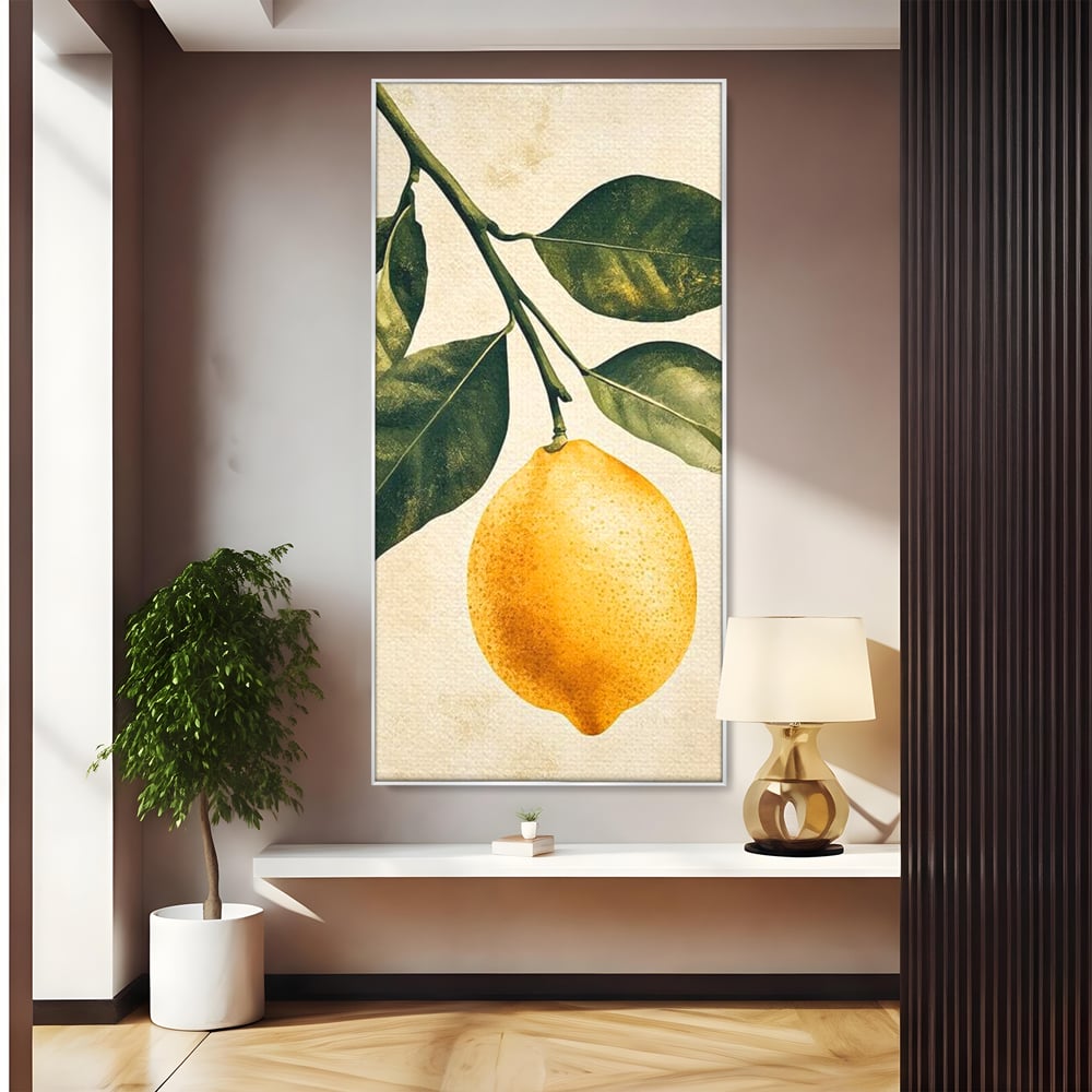 Tablou canvas cu ilustratie botanica cu lamaie si frunze, in rama de aluminiu argintiu