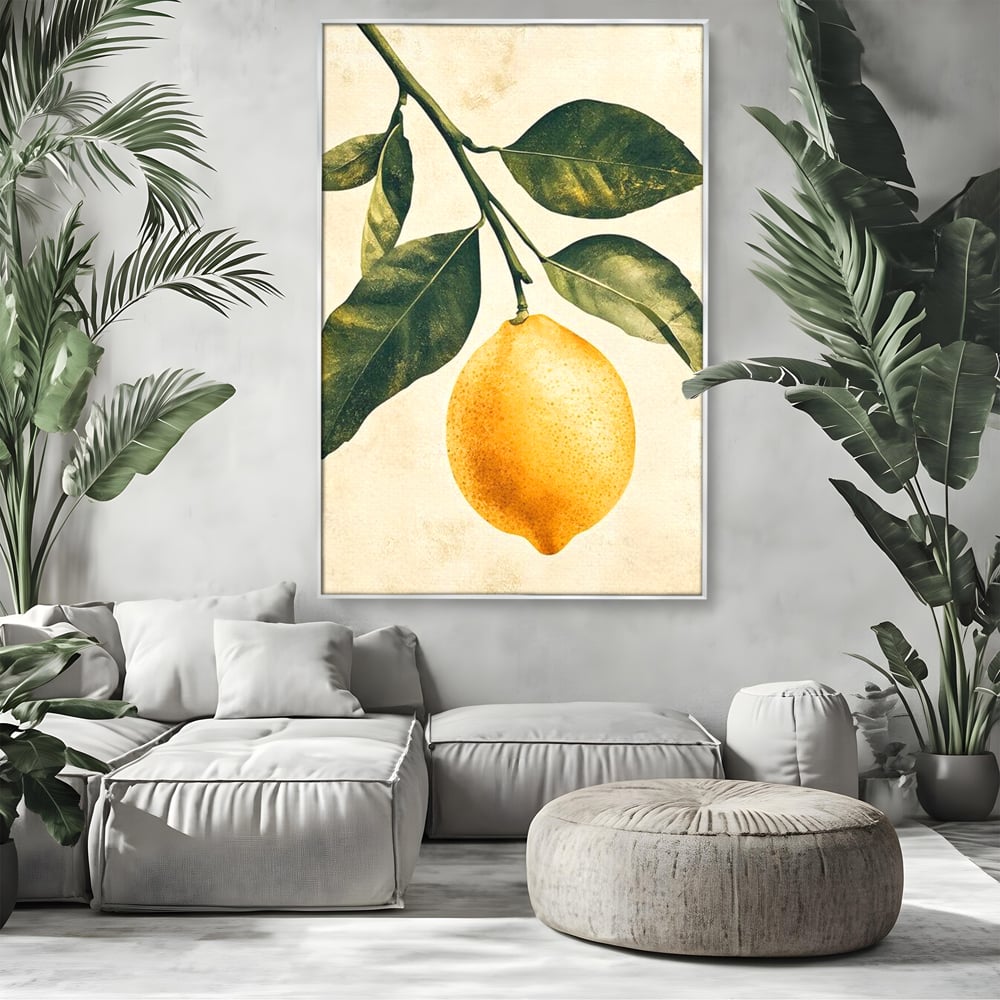 Tablou canvas cu ilustratie botanica cu lamaie si frunze, in rama de aluminiu argintiu, pe perete intr-un living