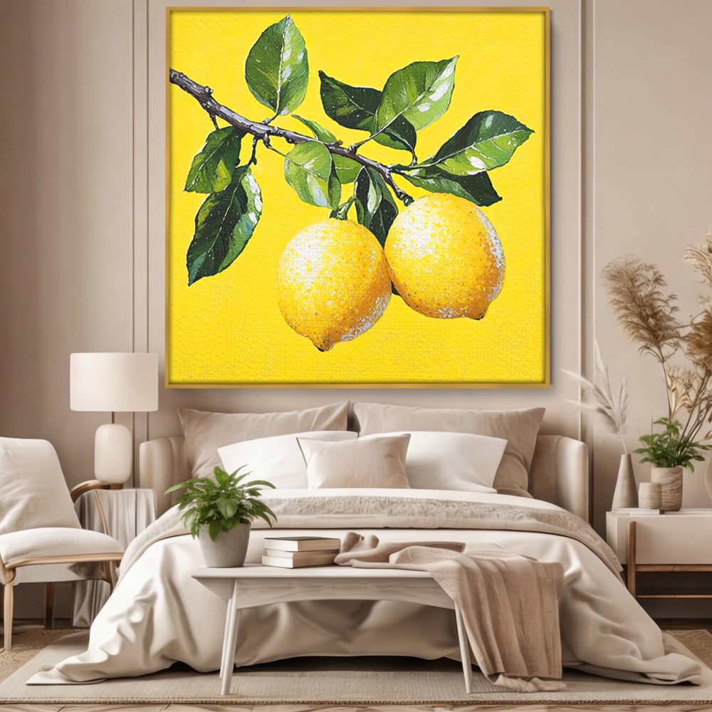 Tablou canvas cu tablou canvas cu doua lamai si frunze, in rama de aluminiu auriu, pe perete intr-un dormitor