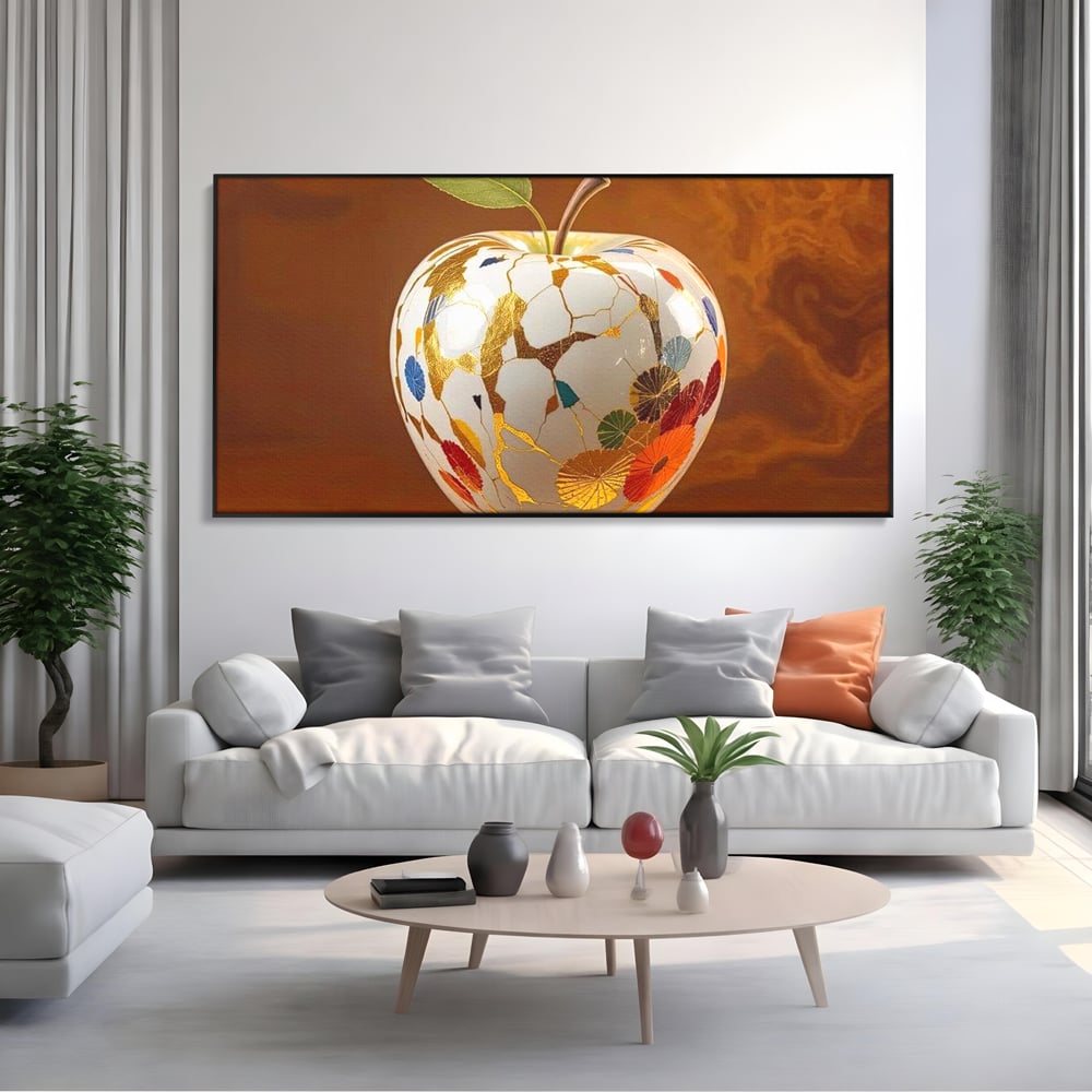 Tablou canvas cu tablou canvas cu mar alb si motive aurii, in rama de aluminiu negru, pe perete intr-un living