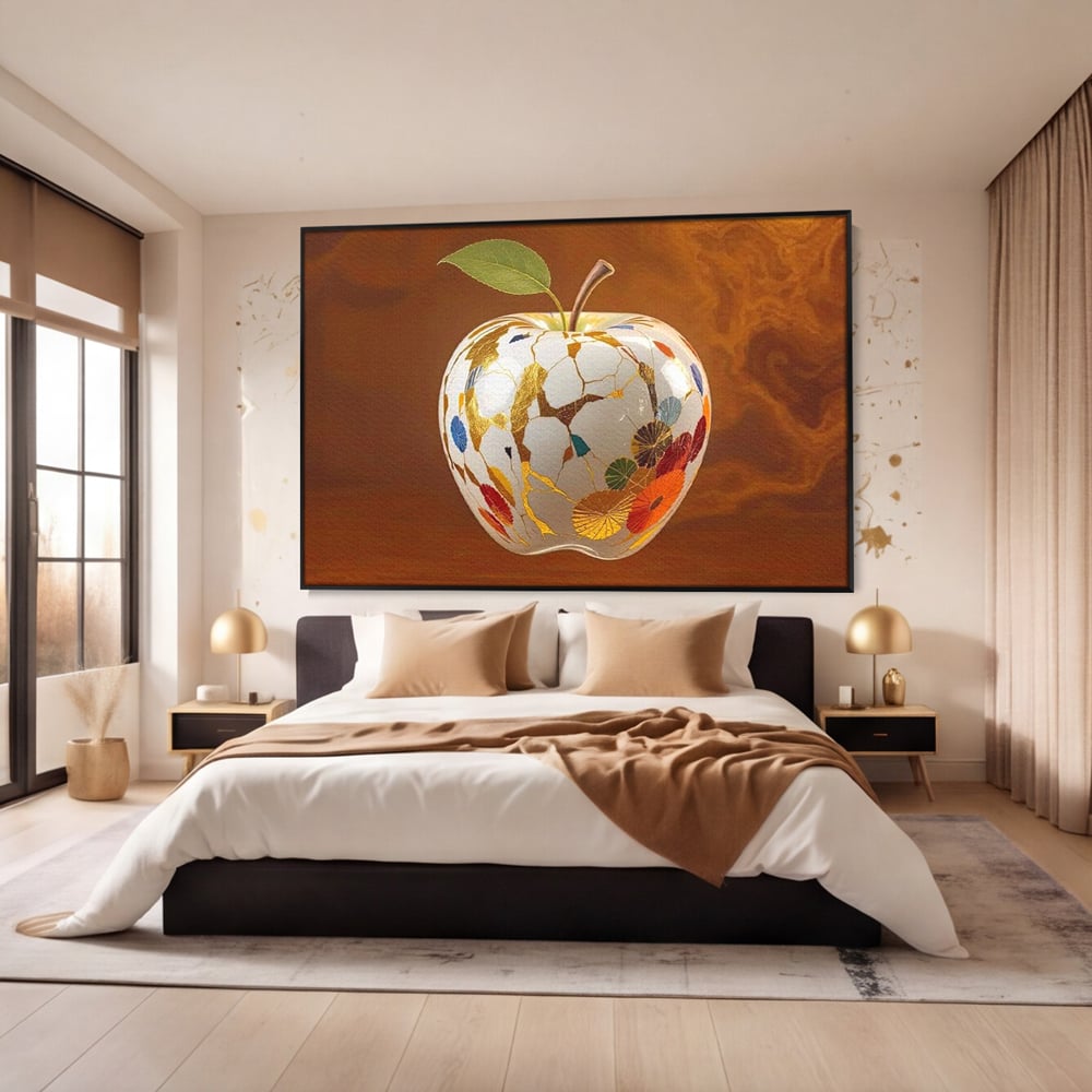 Tablou canvas cu tablou canvas cu mar alb si motive aurii, in rama de aluminiu negru, pe perete intr-un dormitor