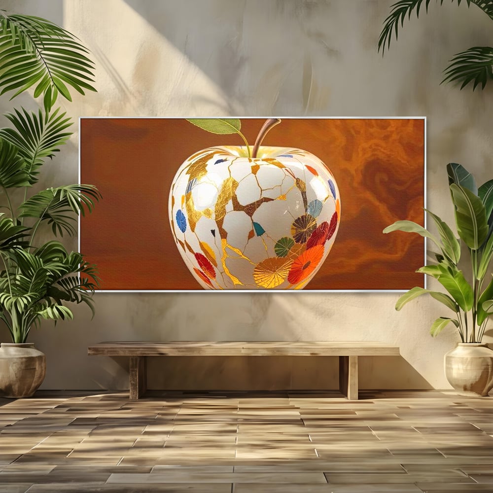Tablou canvas cu tablou canvas cu mar alb si motive aurii, in rama de aluminiu argintiu