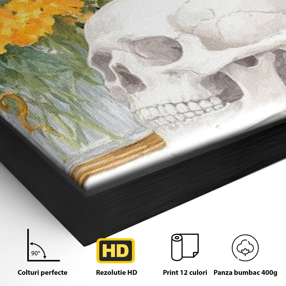 Detaliu al suprafetei: tablou canvas cu pisici negre si craniu, in rama de aluminiu negru