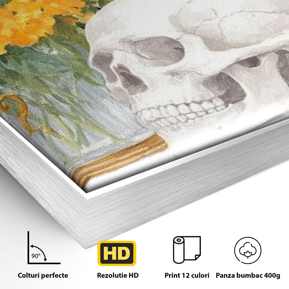 Detaliu al suprafetei: tablou canvas cu pisici negre si craniu, in rama de aluminiu argintiu