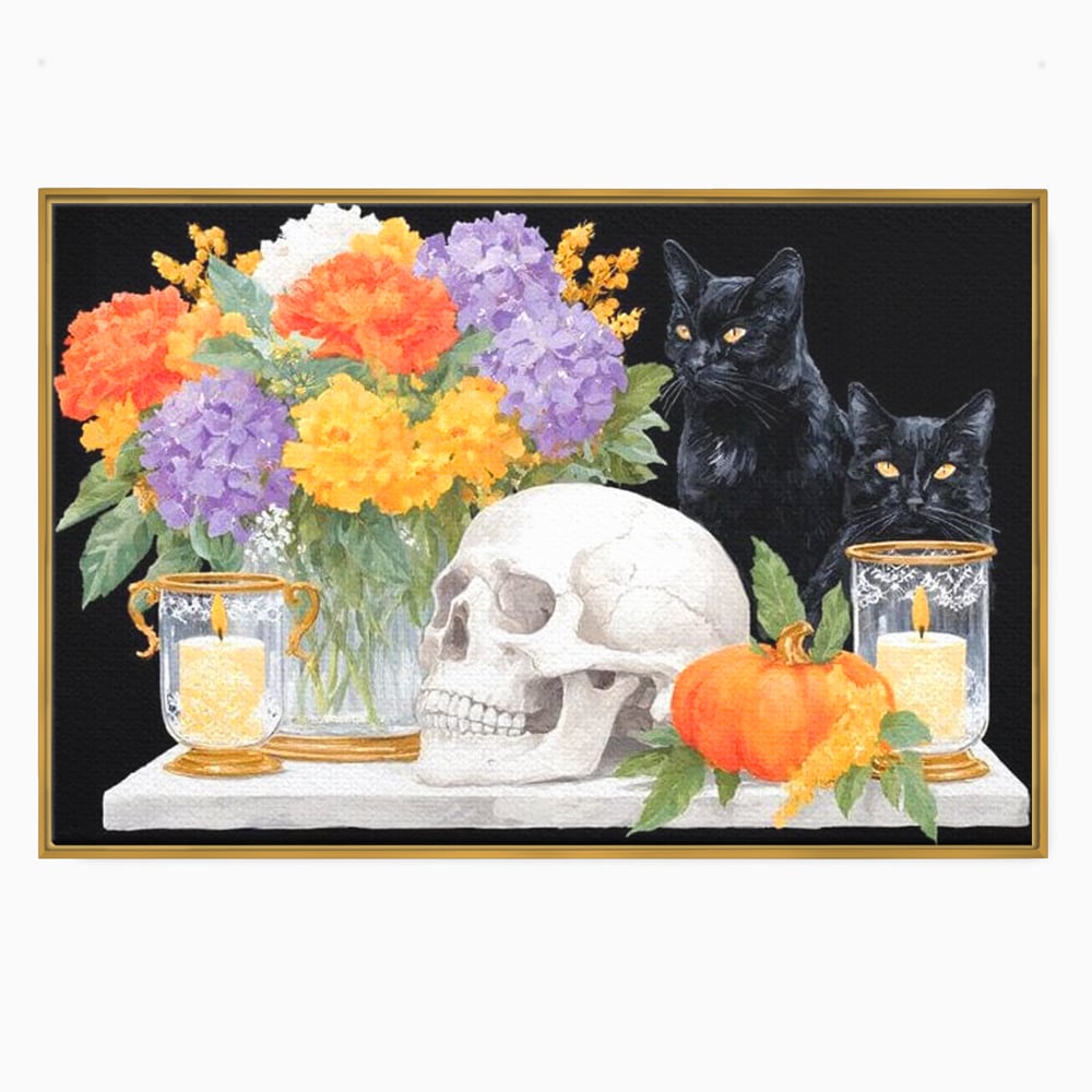 Tablou canvas cu tablou canvas cu pisici negre si craniu, in rama de aluminiu auriu