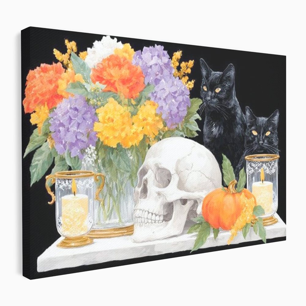 Tablou canvas cu tablou canvas cu pisici negre si craniu, fara rama, pe sasiu de lemn