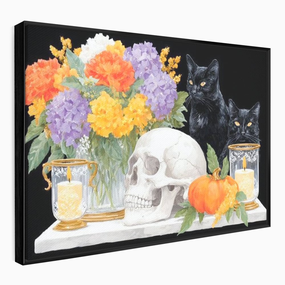 Tablou canvas cu tablou canvas cu pisici negre si craniu, in rama de aluminiu negru