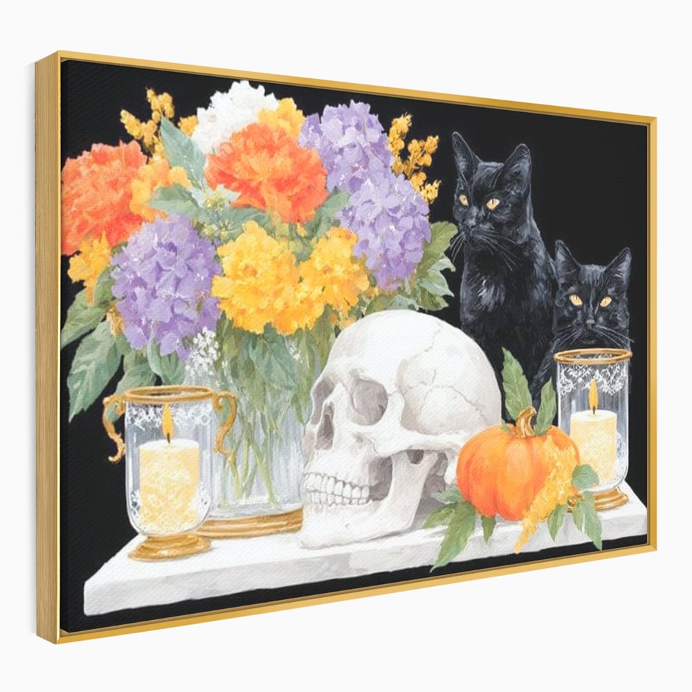 Tablou canvas cu tablou canvas cu pisici negre si craniu, in rama de aluminiu auriu