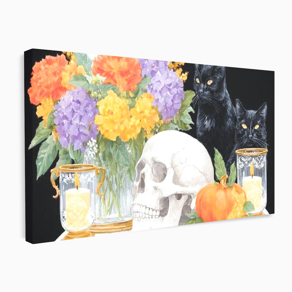 Tablou canvas cu tablou canvas cu pisici negre si craniu, fara rama, pe sasiu de lemn