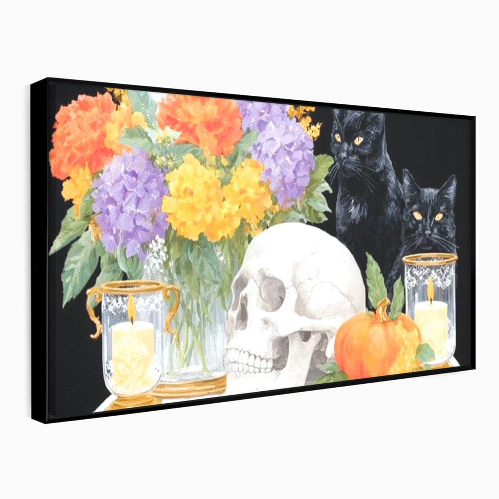 Tablou canvas cu tablou canvas cu pisici negre si craniu, in rama de aluminiu negru