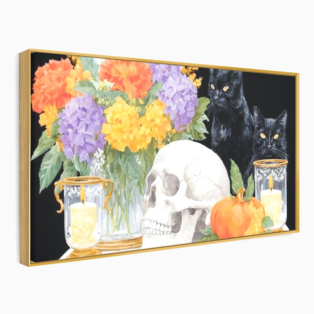 Tablou canvas cu tablou canvas cu pisici negre si craniu, in rama de aluminiu auriu