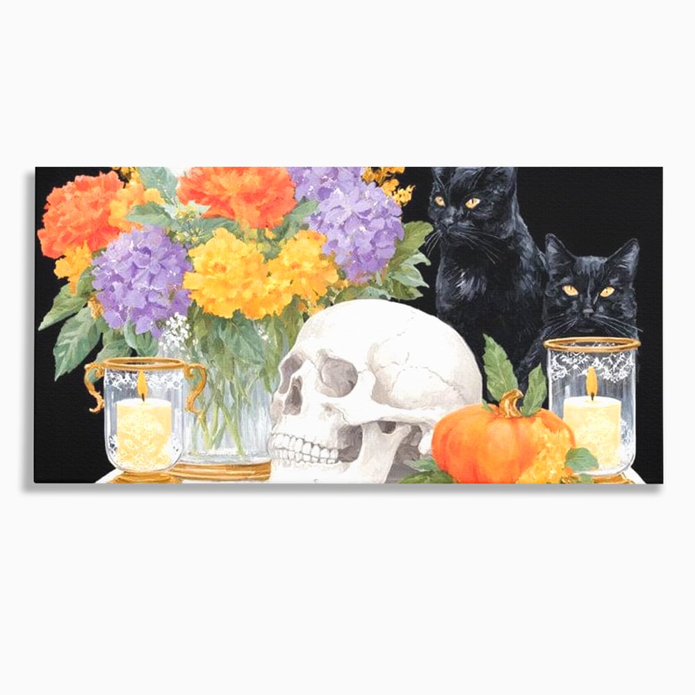 Tablou canvas cu tablou canvas cu pisici negre si craniu, fara rama, pe sasiu de lemn