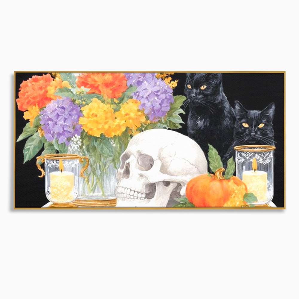 Tablou canvas cu tablou canvas cu pisici negre si craniu, in rama de aluminiu auriu
