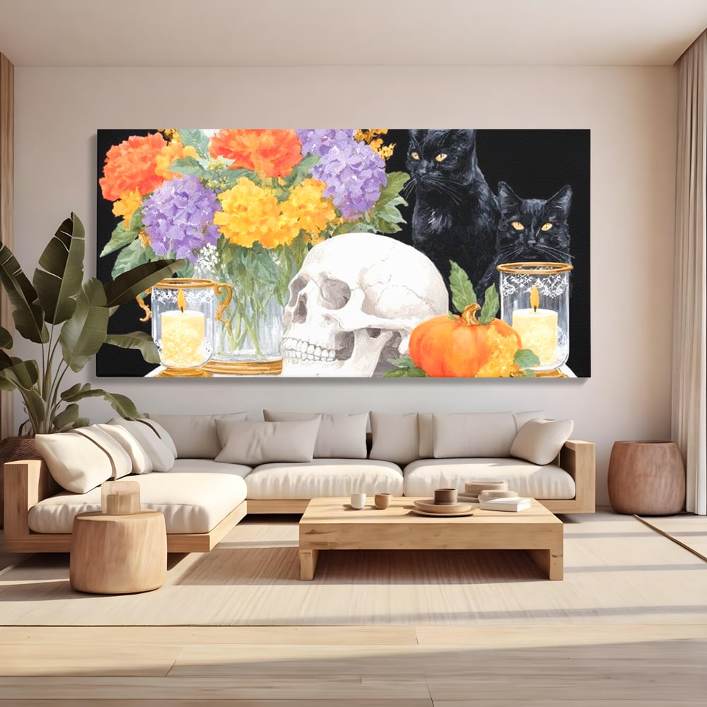 Tablou canvas cu tablou canvas cu pisici negre si craniu, fara rama, pe sasiu de lemn, pe perete intr-un living