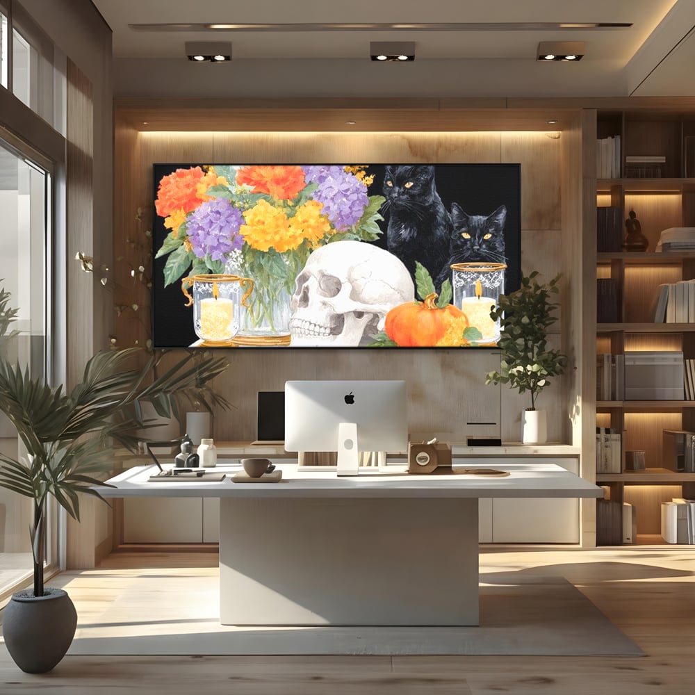 Tablou canvas cu tablou canvas cu pisici negre si craniu, in rama de aluminiu negru, pe perete intr-un birou
