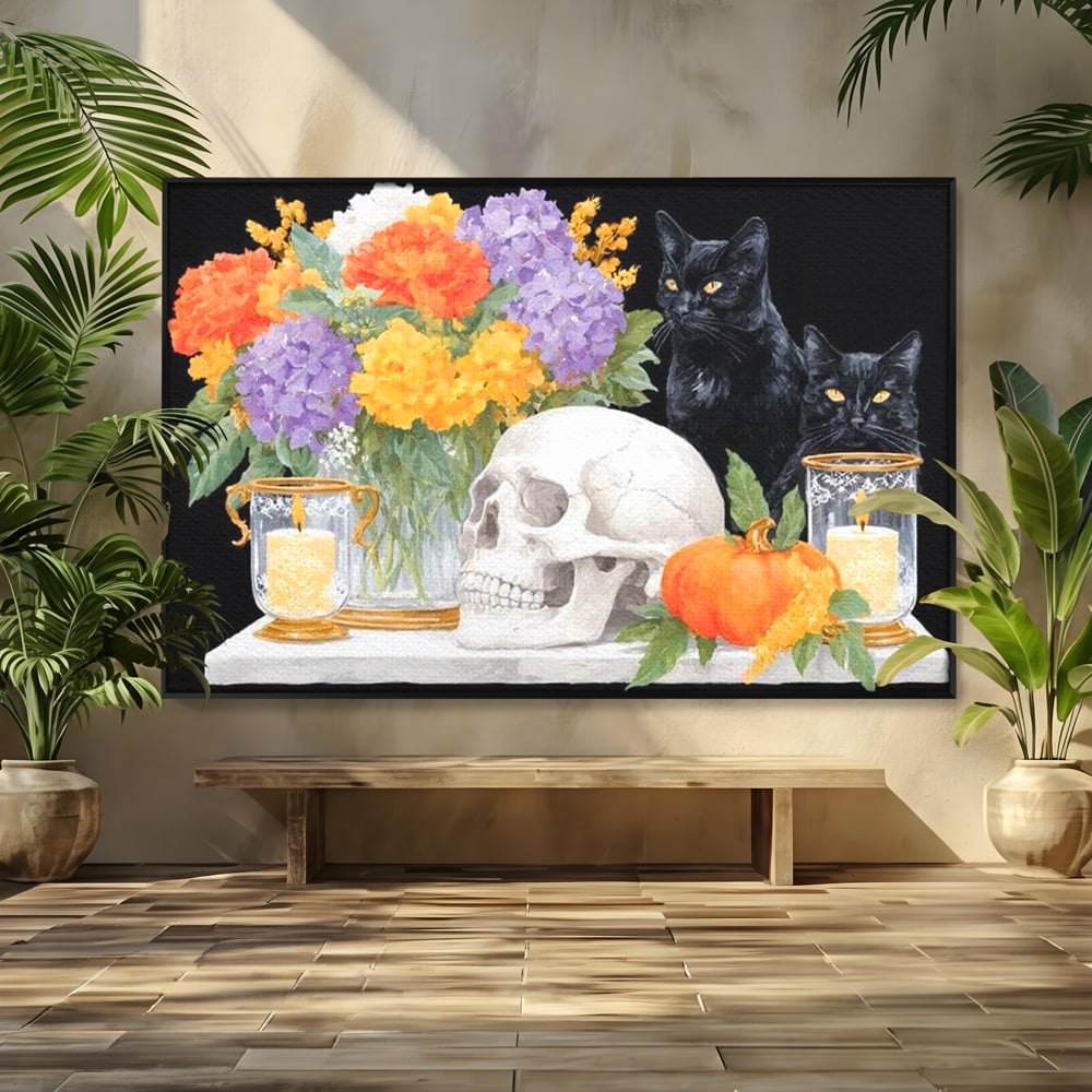 Tablou canvas cu tablou canvas cu pisici negre si craniu, in rama de aluminiu negru