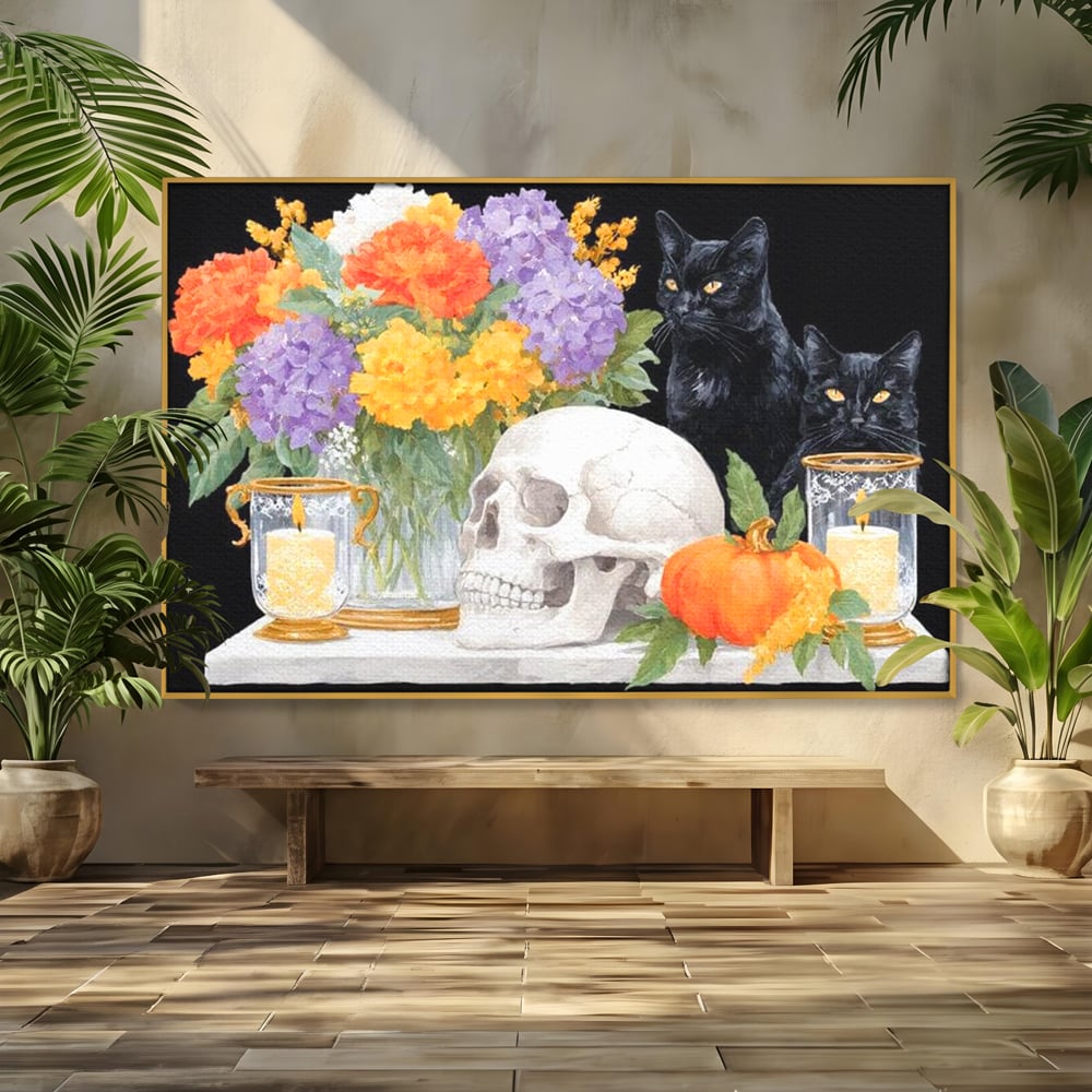 Tablou canvas cu tablou canvas cu pisici negre si craniu, in rama de aluminiu auriu