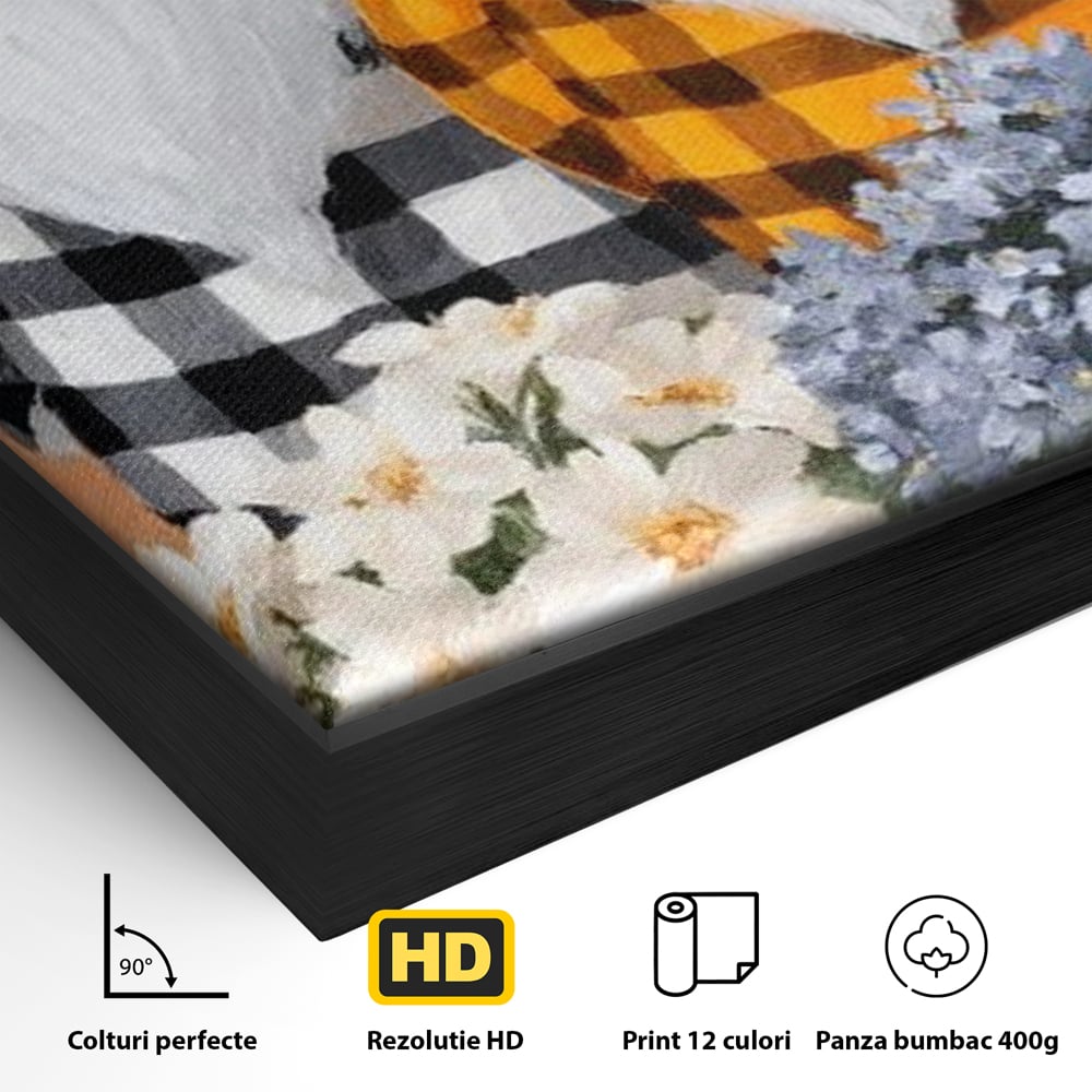 Detaliu al suprafetei: ilustratie cu doi gnomi si dovleac, in rama de aluminiu negru