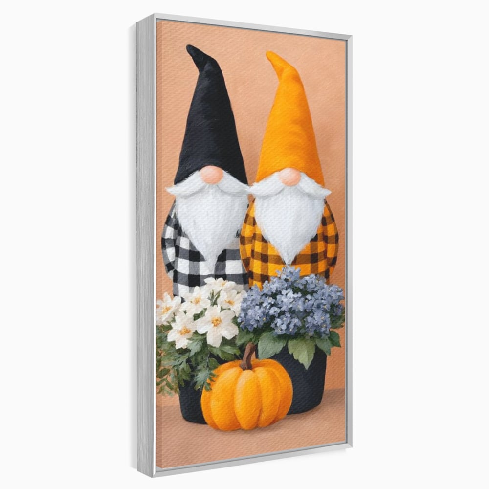 Tablou canvas cu ilustratie cu doi gnomi si dovleac, in rama de aluminiu argintiu