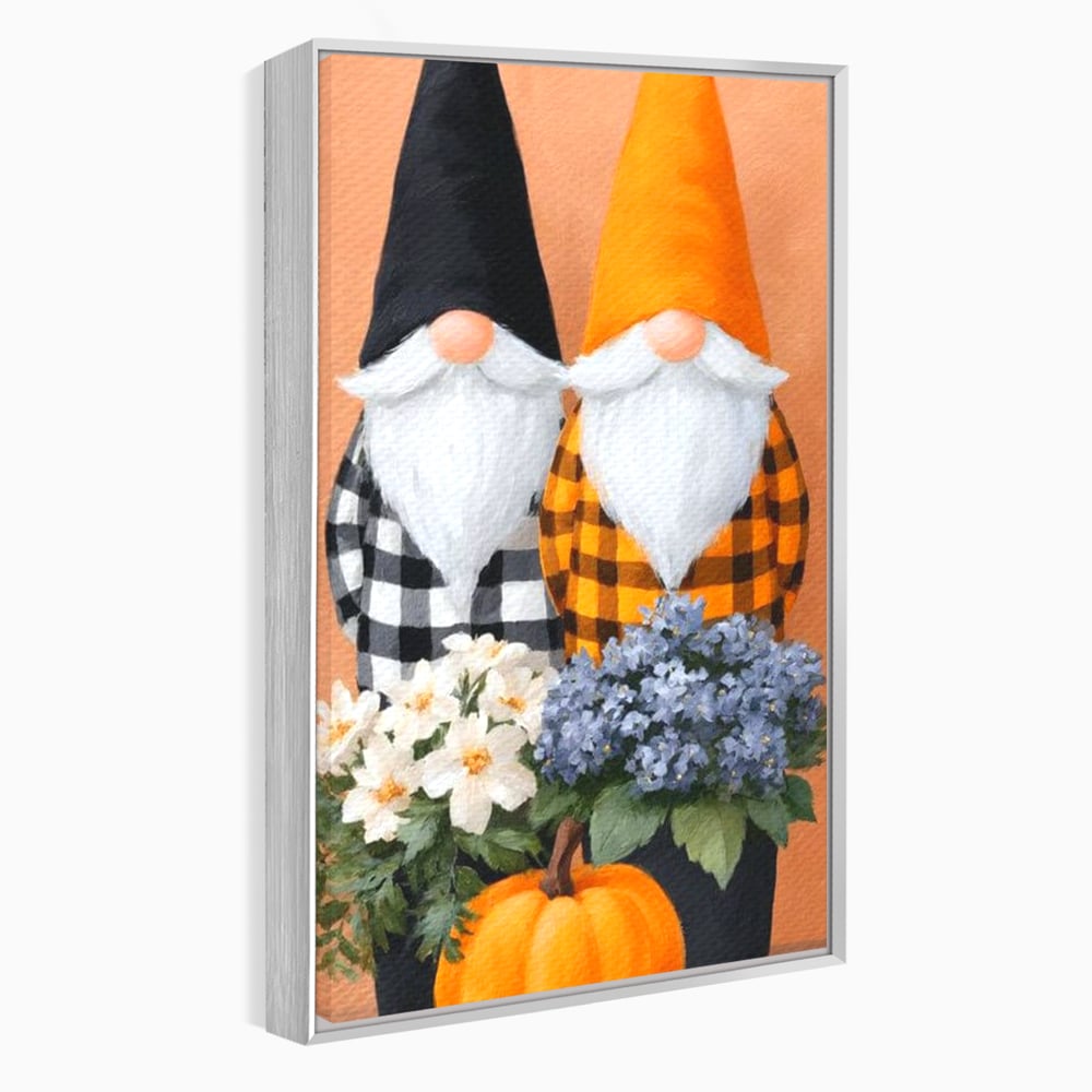 Tablou canvas cu ilustratie cu doi gnomi si dovleac, in rama de aluminiu argintiu