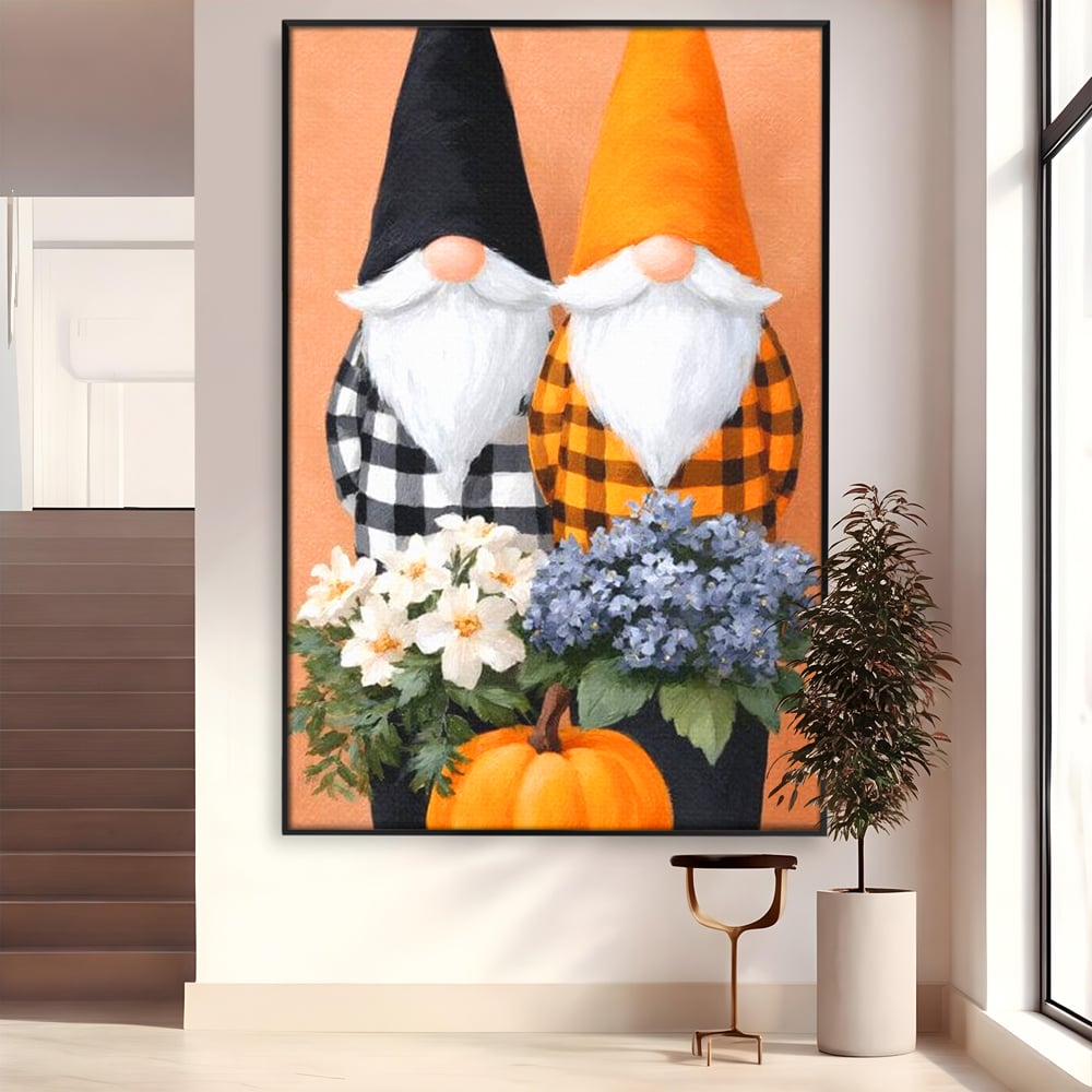 Tablou canvas cu ilustratie cu doi gnomi si dovleac, in rama de aluminiu negru